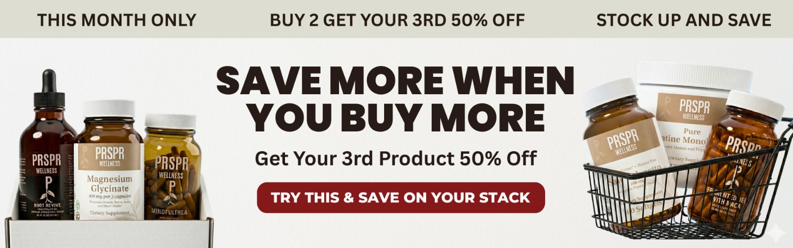 An advertisement showing three bottles of PRSPR Wellness supplements in a miniature shopping cart, promoting a sale.