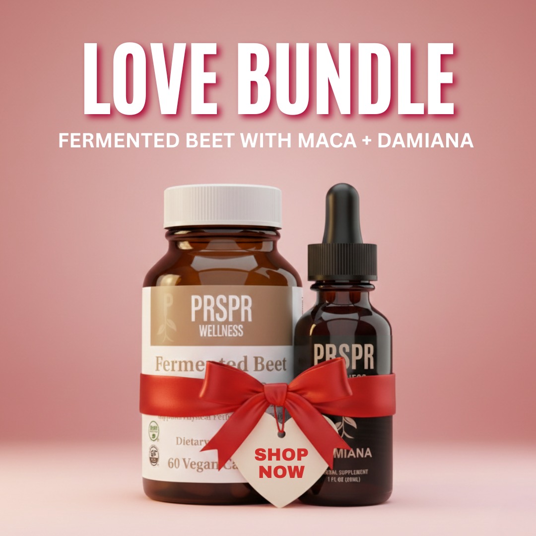 A promotional image for the PRSPR Wellness Love Bundle, featuring two supplement bottles tied with a red ribbon.