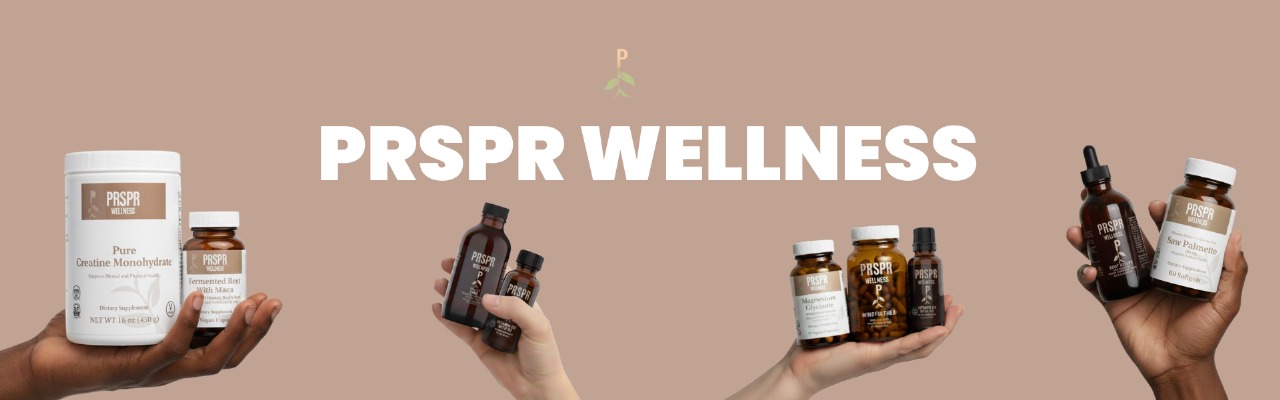 Hands holding PRSPR Wellness supplement bottles on a beige background.