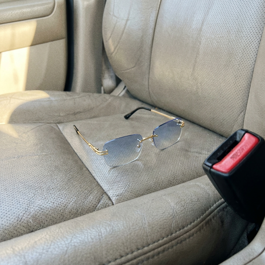 A pair of rimless, blue-tinted sunglasses with gold arms resting on a beige leather car seat.