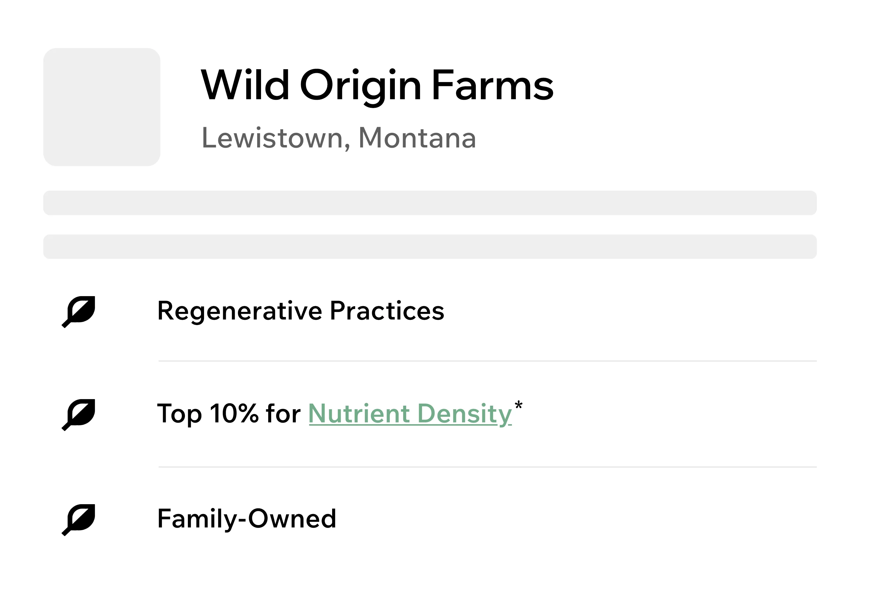 A profile for Wild Origin Farms in Lewistown, Montana, showing a placeholder image and key attributes.