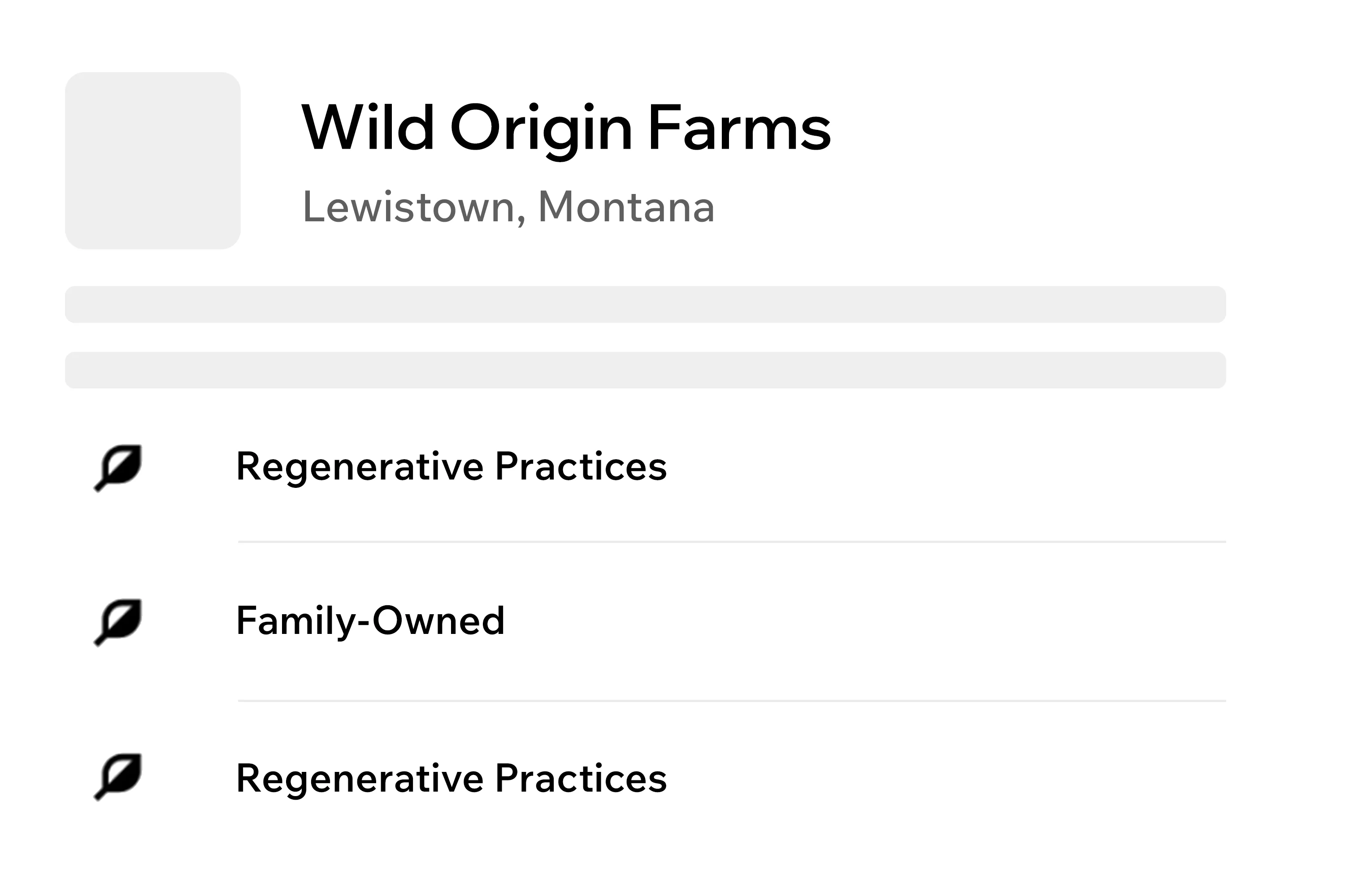 A profile card for Wild Origin Farms with a placeholder image, location, and list of attributes.