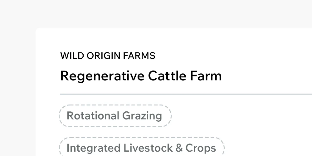 Text for Wild Origin Farms, a regenerative cattle farm, with tags for rotational grazing and integrated livestock.