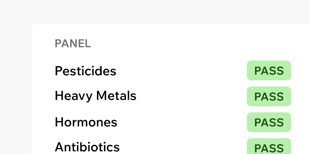 A test panel showing 'PASS' results for pesticides, heavy metals, hormones, and antibiotics.