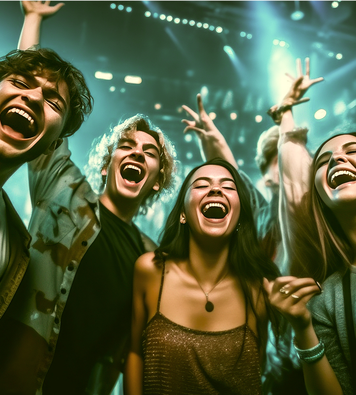 Group of people joyfully celebrating at a lively event with bright lights.