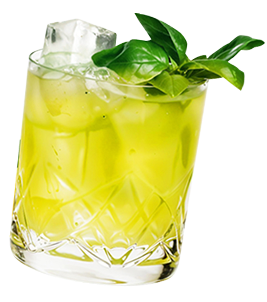 A glass of green liquid with ice and basil leaves.