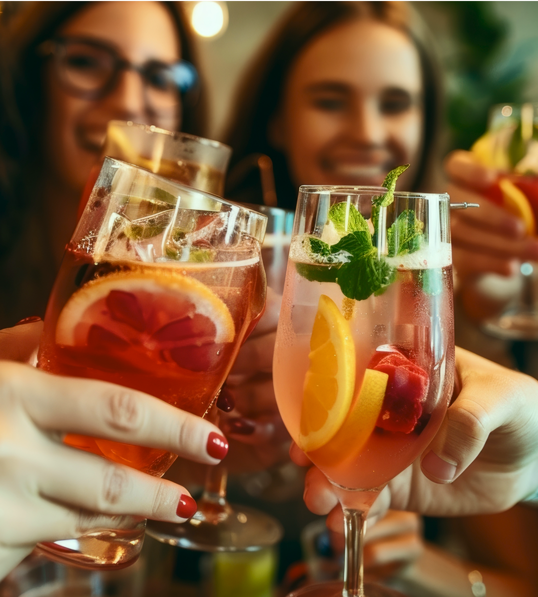 People toasting with colorful cocktails garnished with fruit and mint.