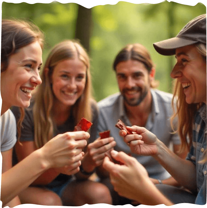Four people smiling and holding snacks in a forest setting.