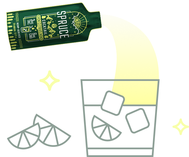 Illustration of a drink being poured into a glass with ice and lime slices.