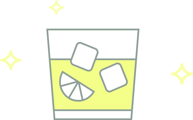 Illustration of a drink with ice cubes, lemon slice, and straw.