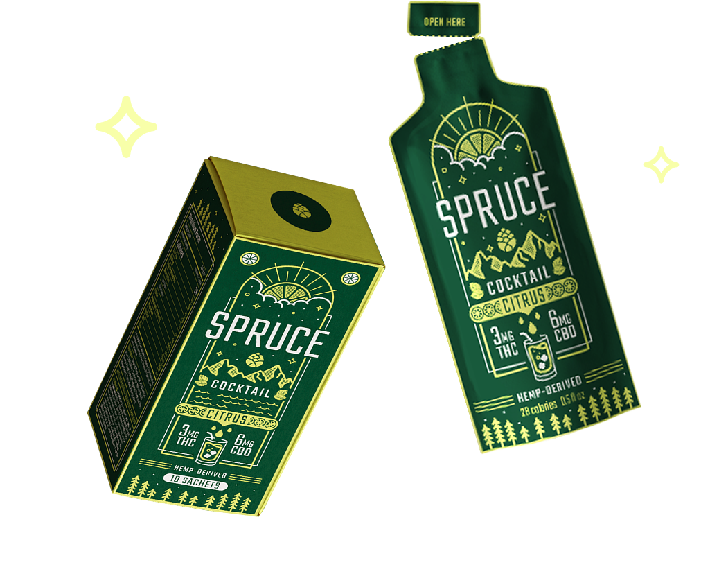 Green packaging for Spruce citrus cocktail with THC and CBD content.