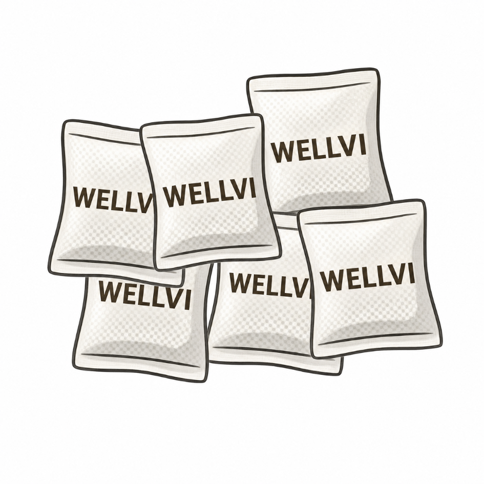 An illustration of six white packets with the word 'WELLVI' printed on them against a white background.