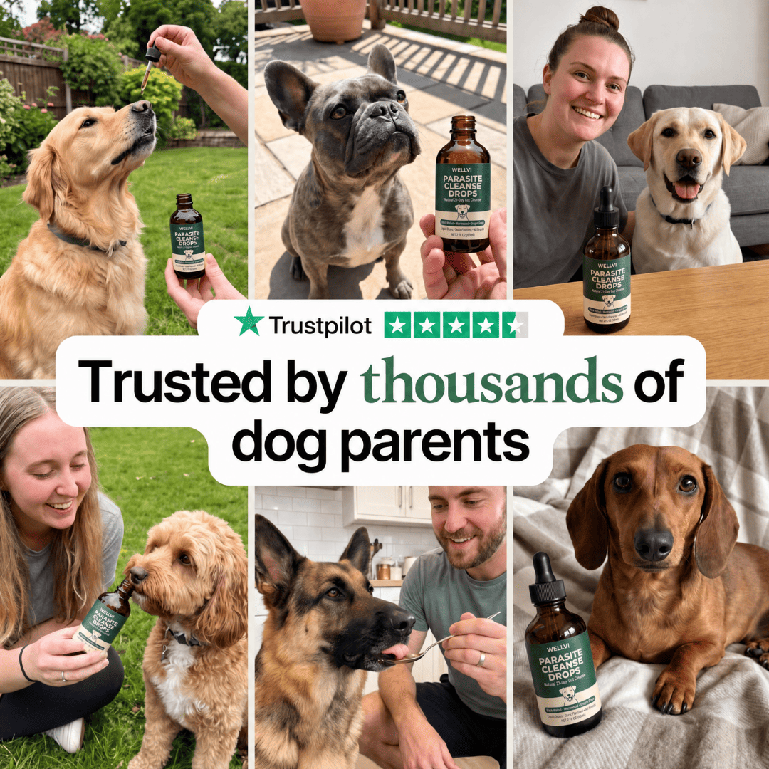 A photo collage of people giving their dogs a supplement called 'Parasite Cleanse Drops'.