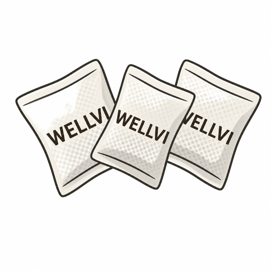 An illustration of three small white pouches with the word 'WELLVI' printed on them.