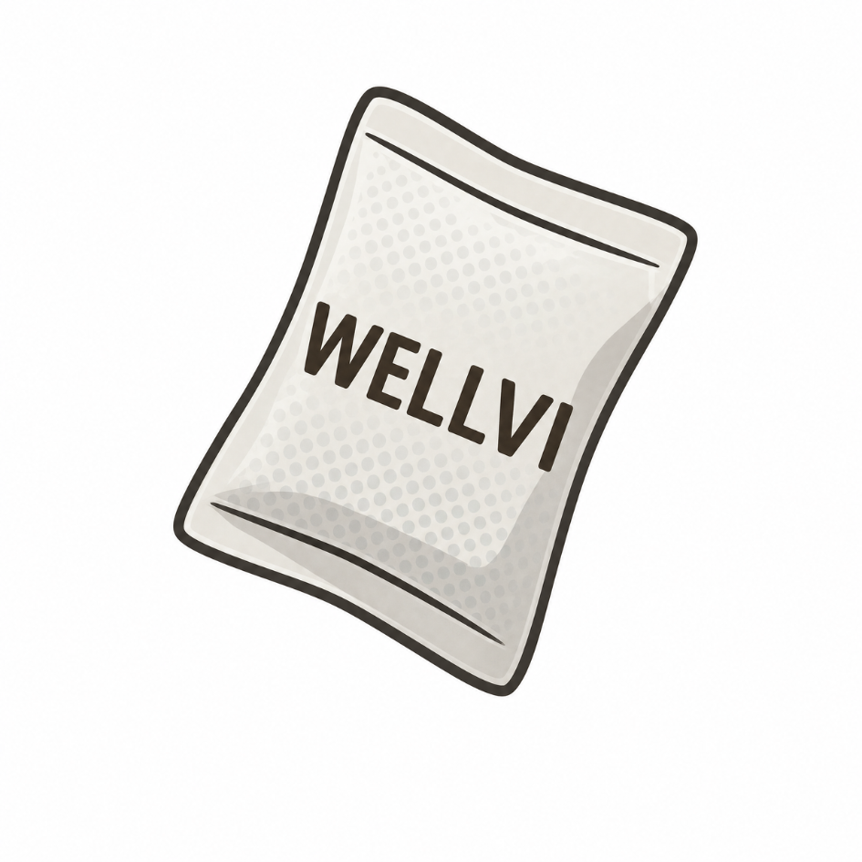 A cartoon illustration of a small, white, dotted packet with the word WELLVI on it.