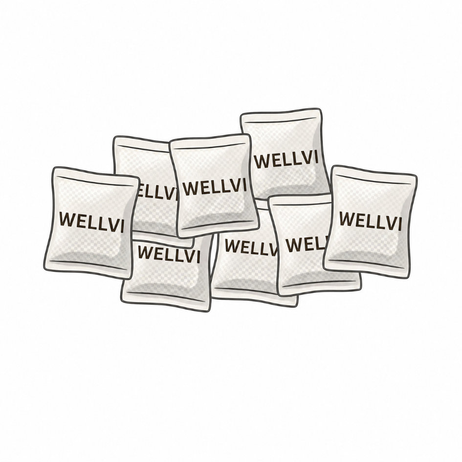 An illustration of several small white packets with the word WELLVI printed on them against a white background.