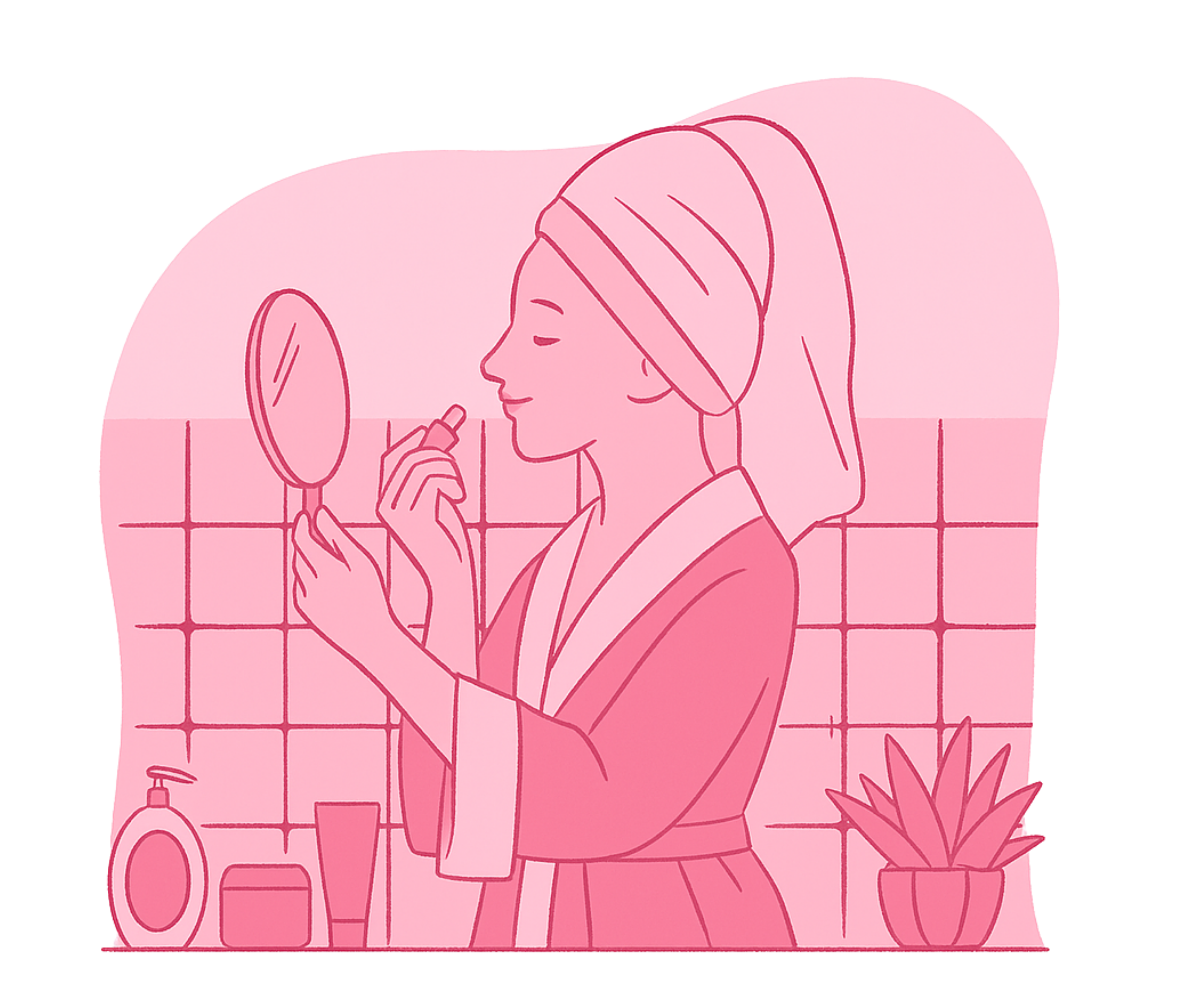 Woman in a robe and towel checks her reflection in a mirror, surrounded by skincare products.