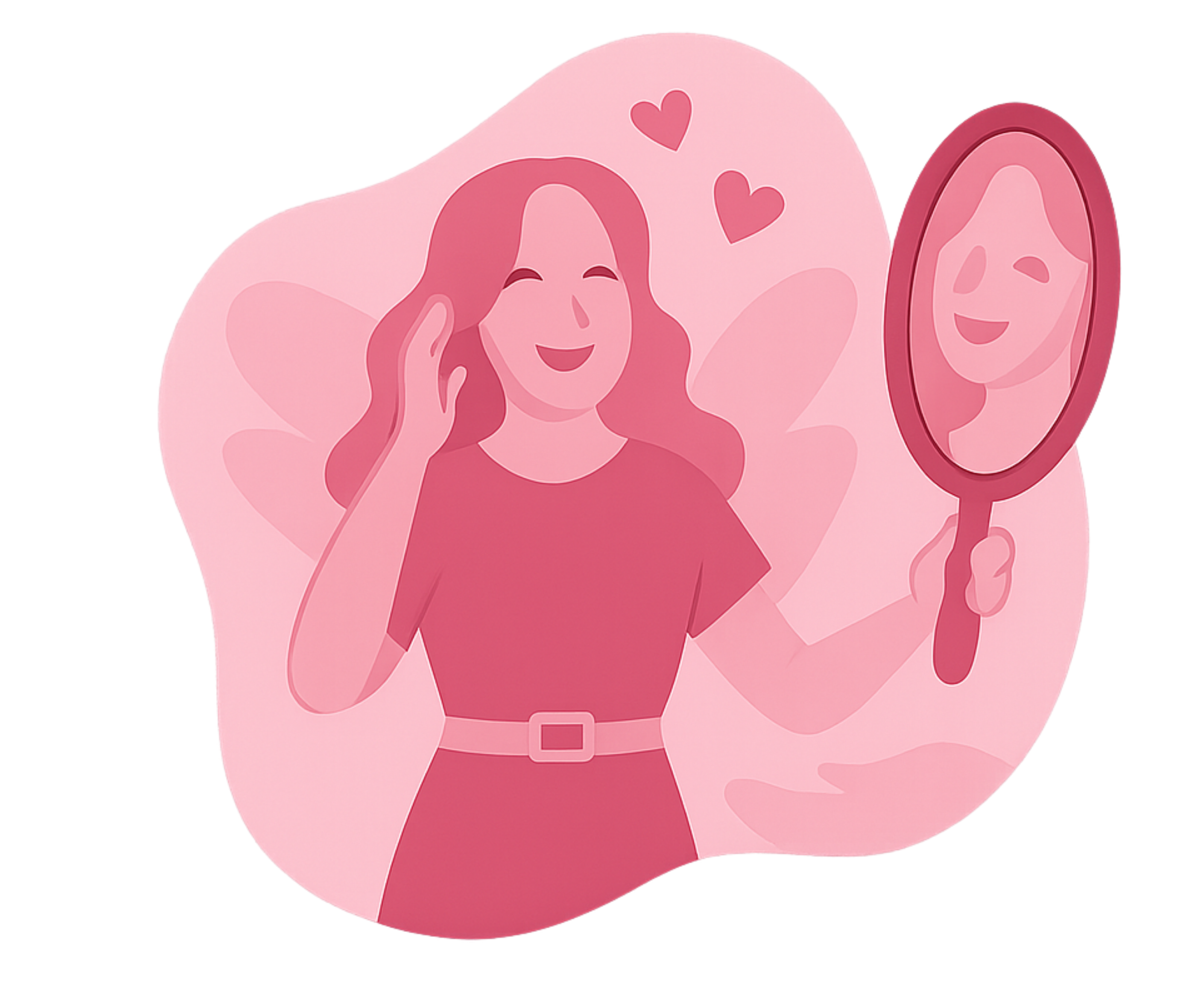 Illustration of a woman admiring her reflection in a handheld mirror, surrounded by hearts.