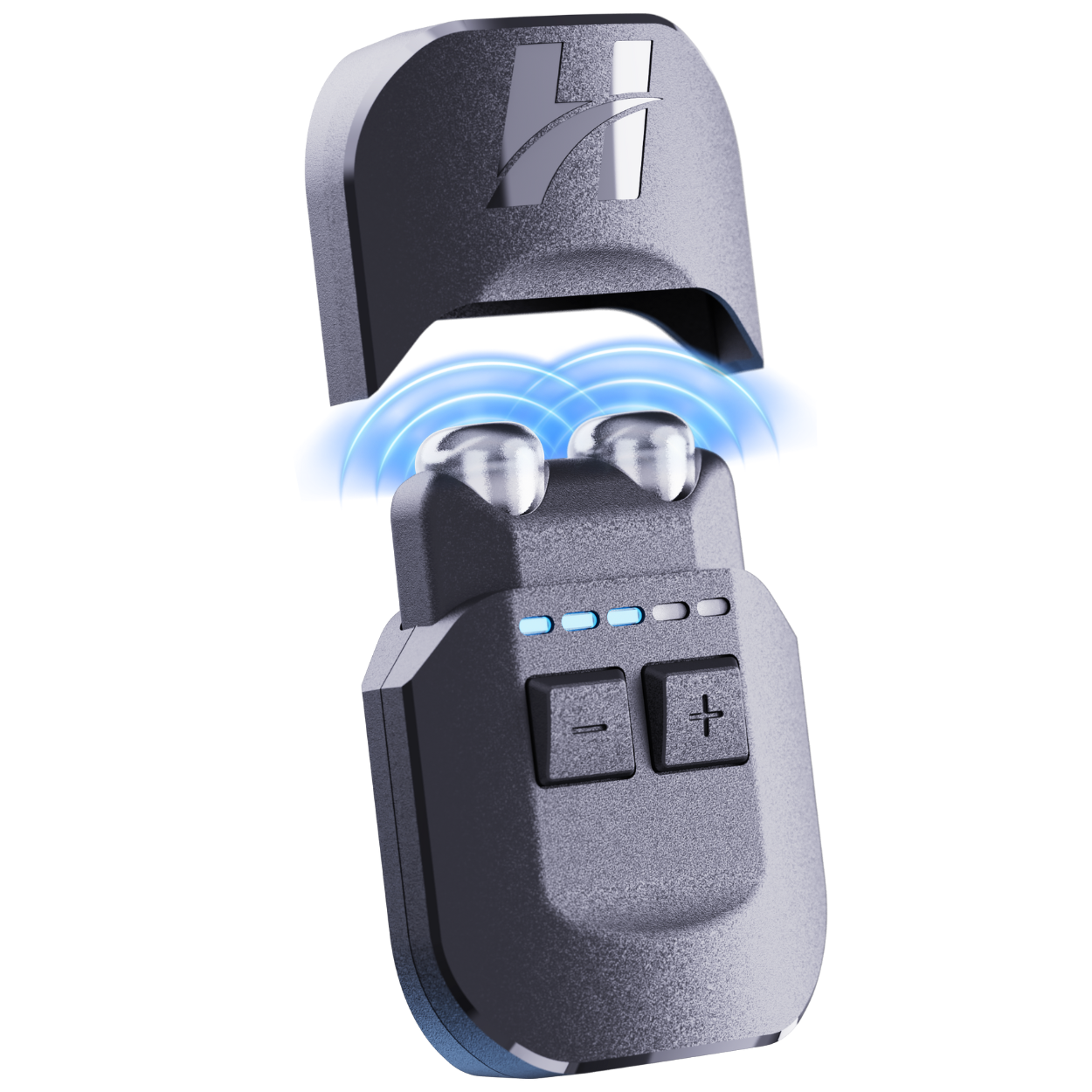 Gray electronic device with buttons and blue wave graphics.