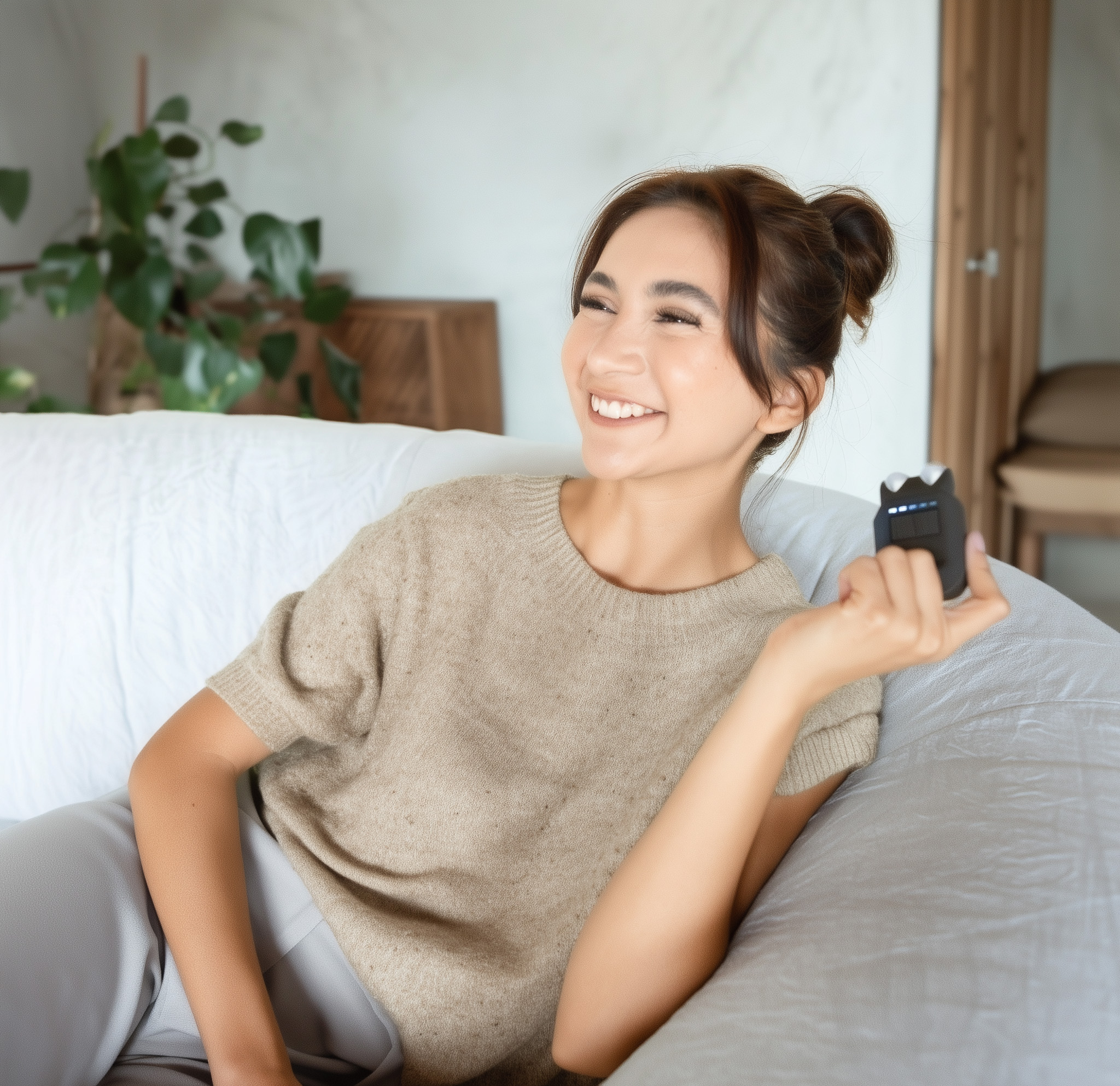 Smiling person sitting on a couch holding a small black device.