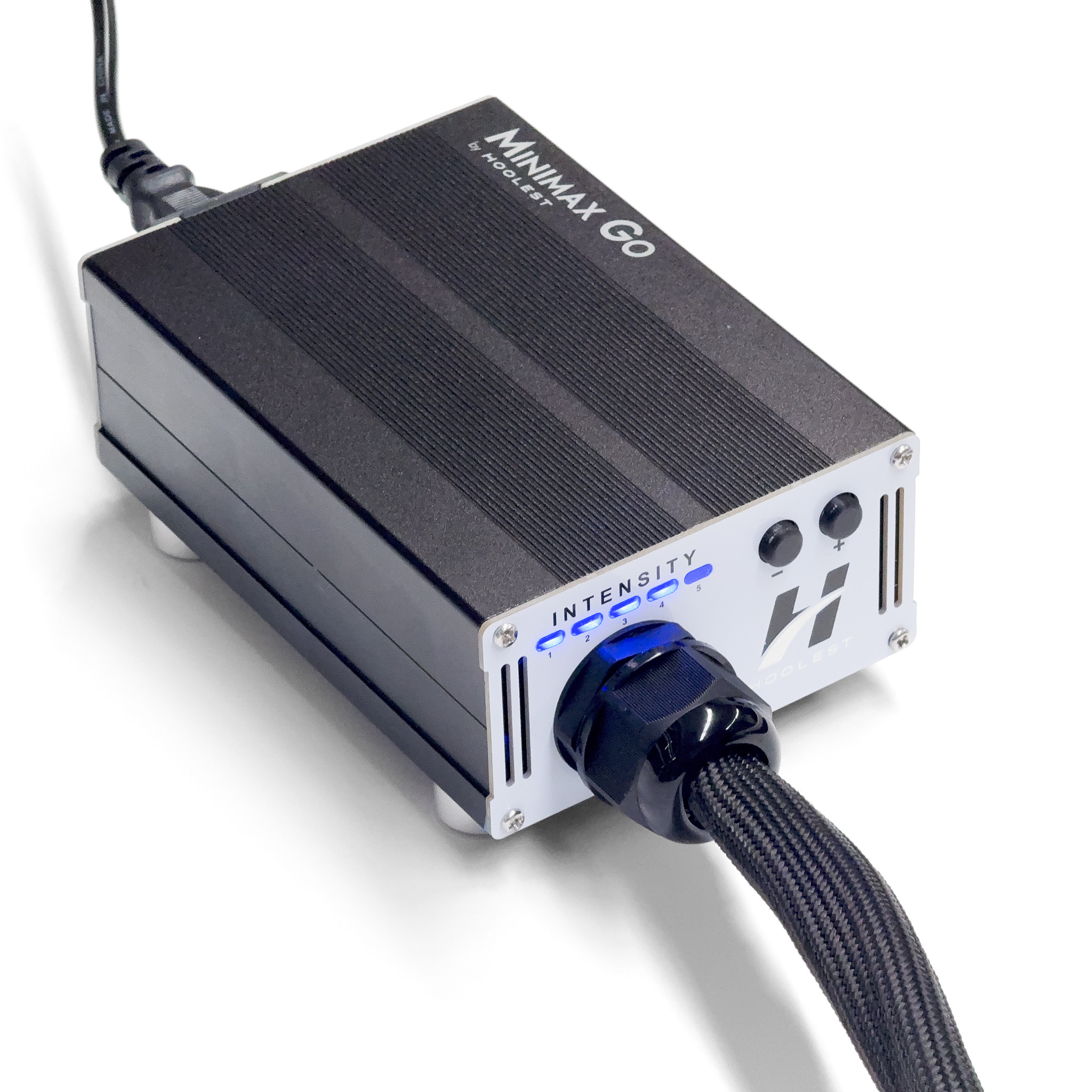 A black electronic device labeled 'Minimax Go,' featuring an intensity dial and a cord.