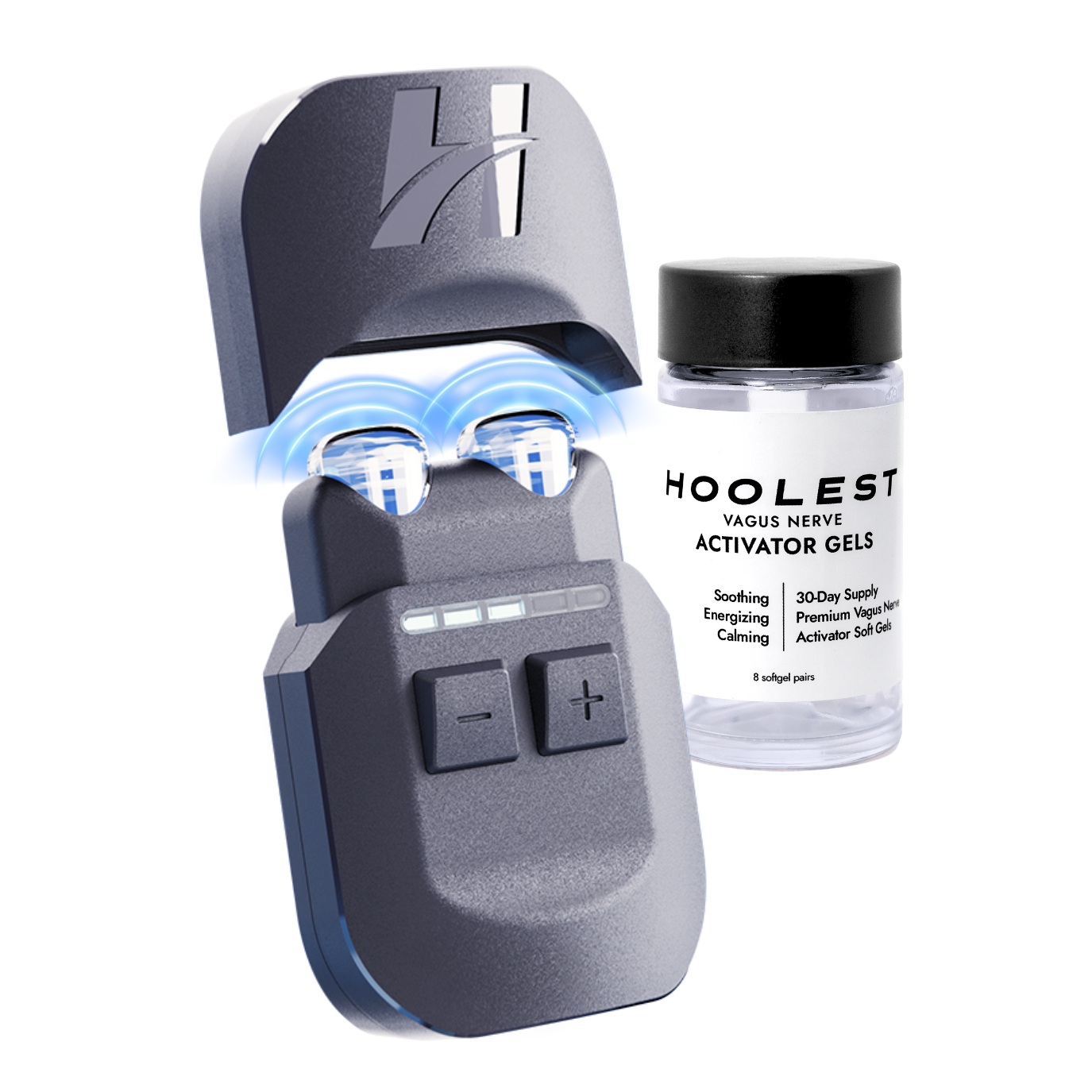 Device with buttons and a bottle labeled 'Hoolest Vagus Nerve Activator Gels.'