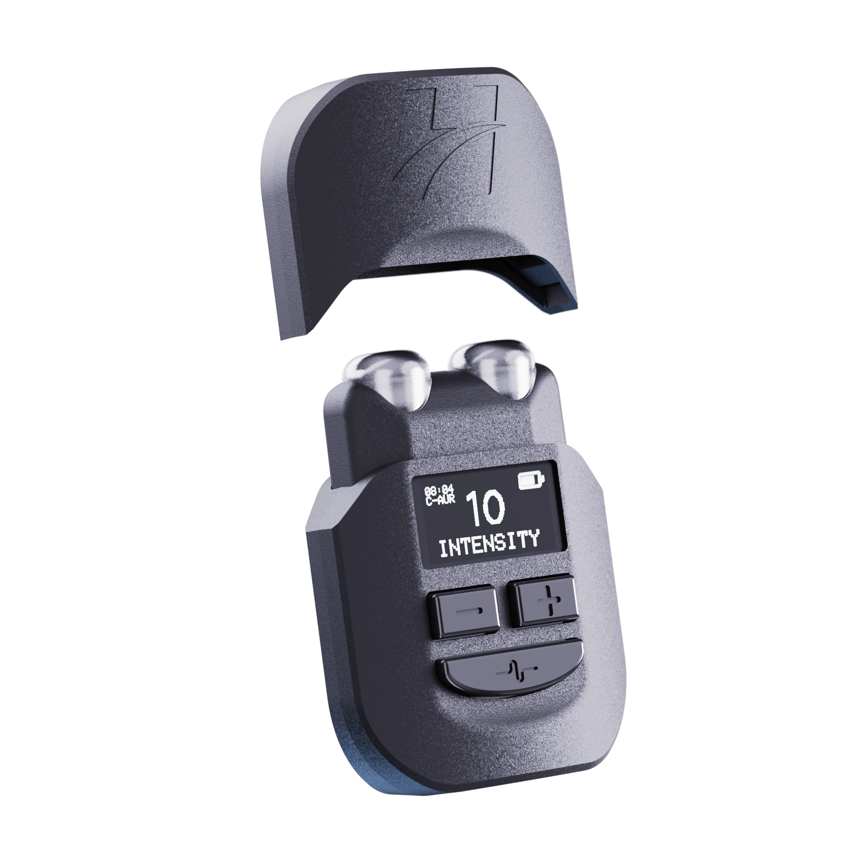 A small electronic device with a display showing '10 INTENSITY' and buttons, partially covered by a lid.