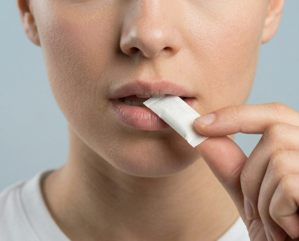 Step 02 — Placing a GABA Calm Pouch between lip and gum