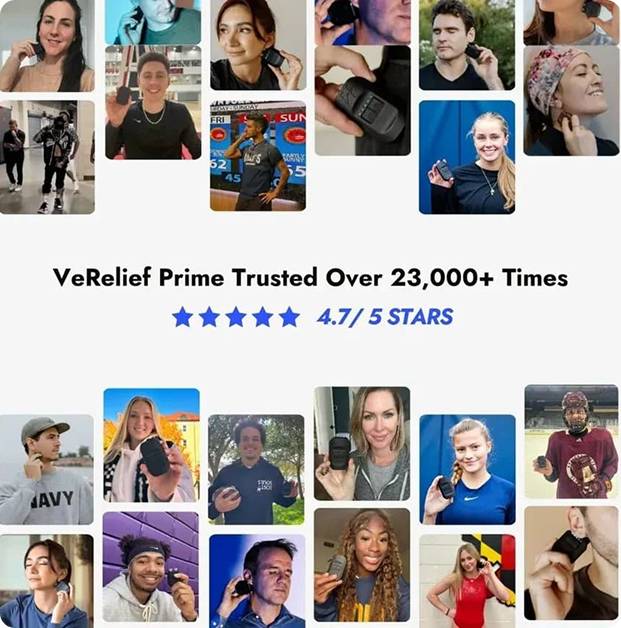 A collage of diverse people using the VeRelief Prime device, with text reading 'Trusted Over 23,000+ Times' and '4.7/5 STARS'.