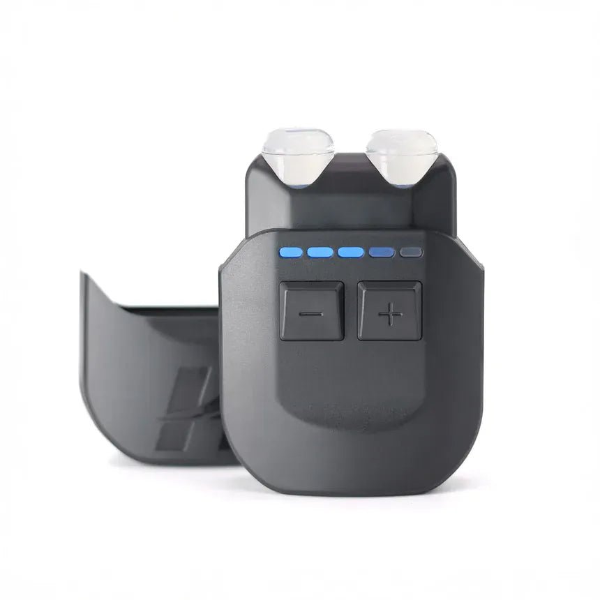 A small grey electronic device with plus and minus buttons and blue indicator lights on a white background.