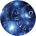 Abstract blue clock design with luminous numbers and gears.