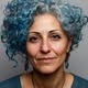 Person with curly blue-gray hair and wearing earrings.
