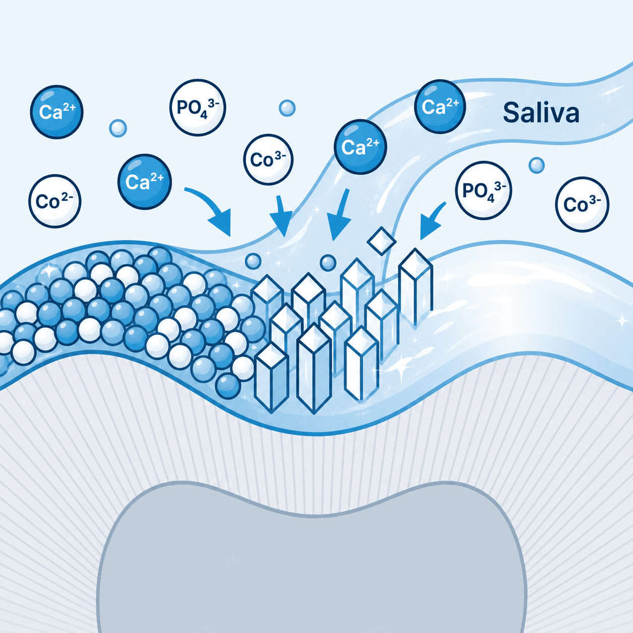 Calcium and phosphate crystallizing to support the enamel surface