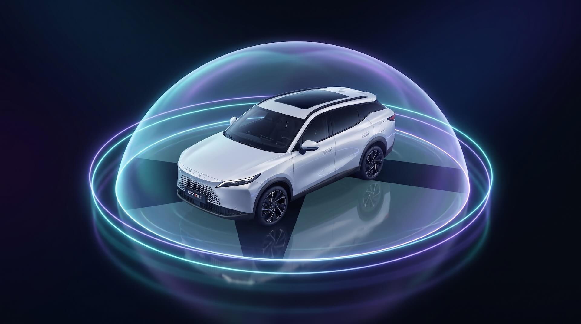 A white SUV is displayed from a high angle inside a glowing dome with blue and purple rings.