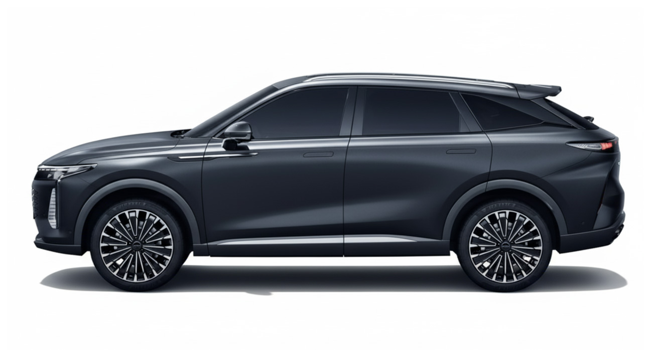 Side view of a dark-colored SUV with sleek design.