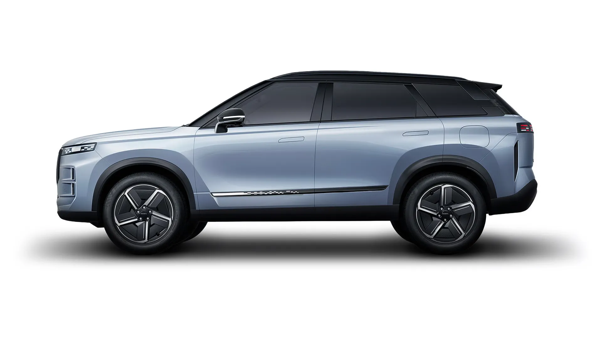 A side profile of a light blue SUV with a black roof, shown against a white background.