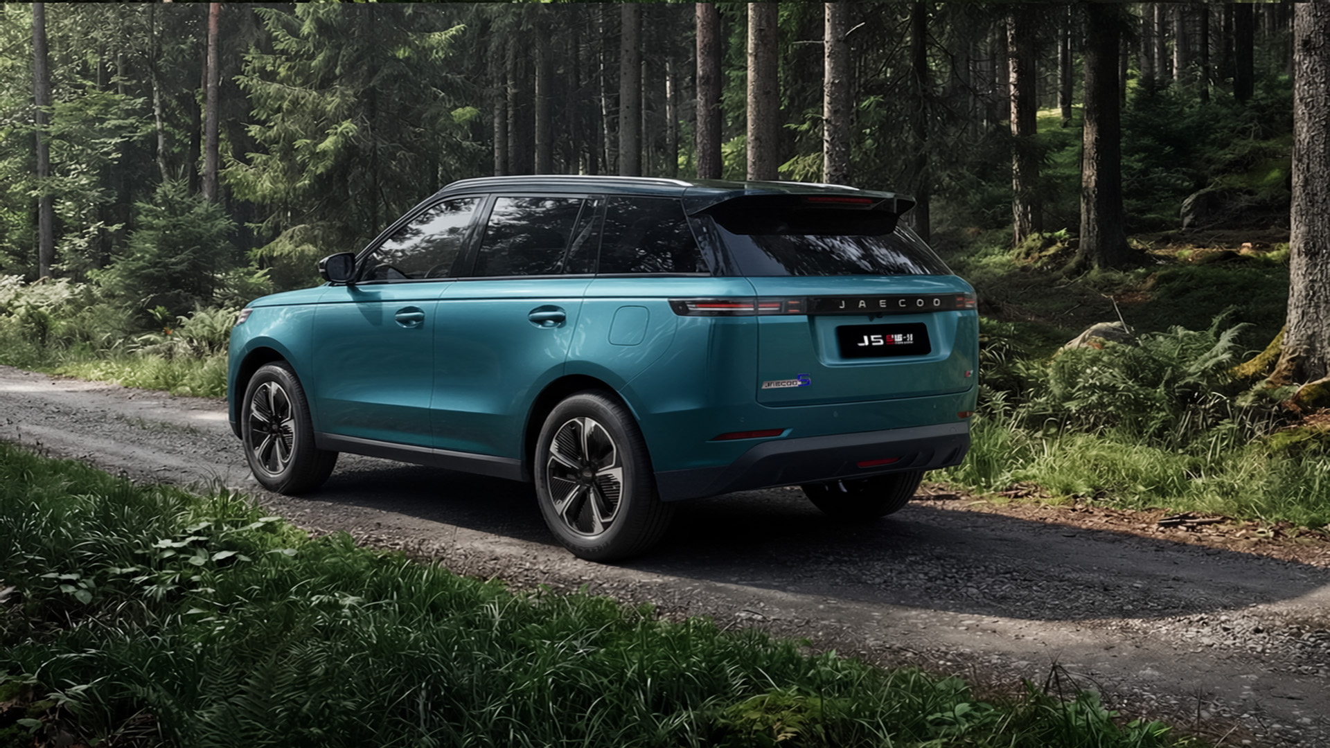 A teal SUV is parked on a dirt road in a dense forest of tall pine trees.