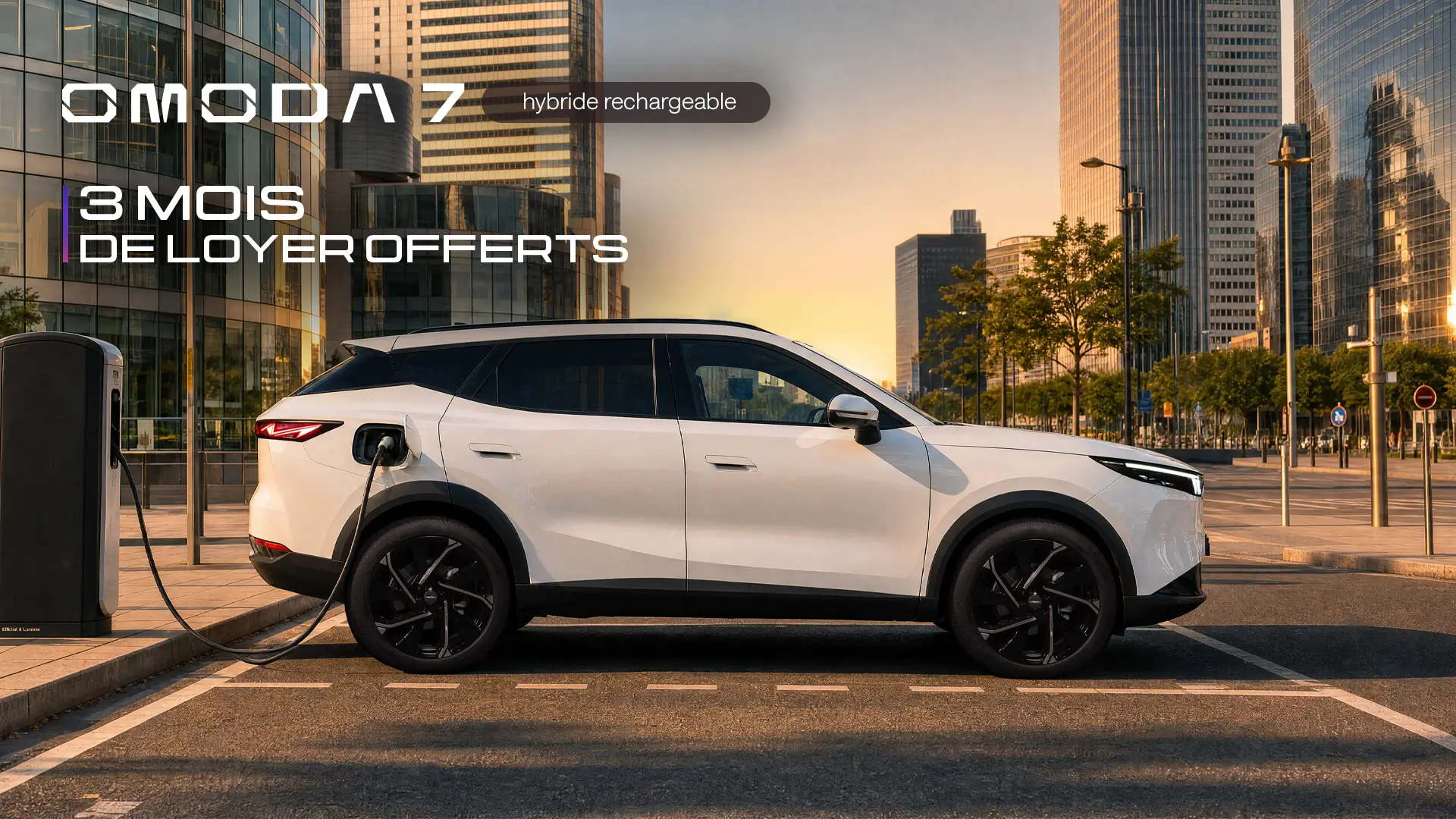 A white Omoda 7 hybrid SUV charging at a station on a modern city street at sunset.