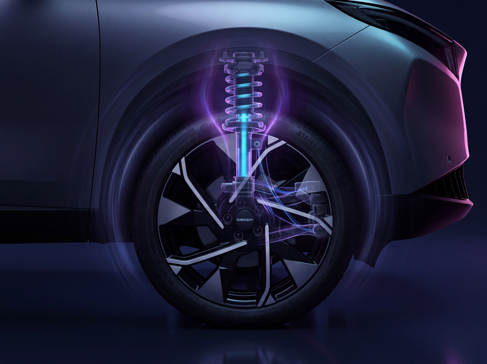 A stylized, glowing graphic of a car's suspension system superimposed over the front wheel and fender.