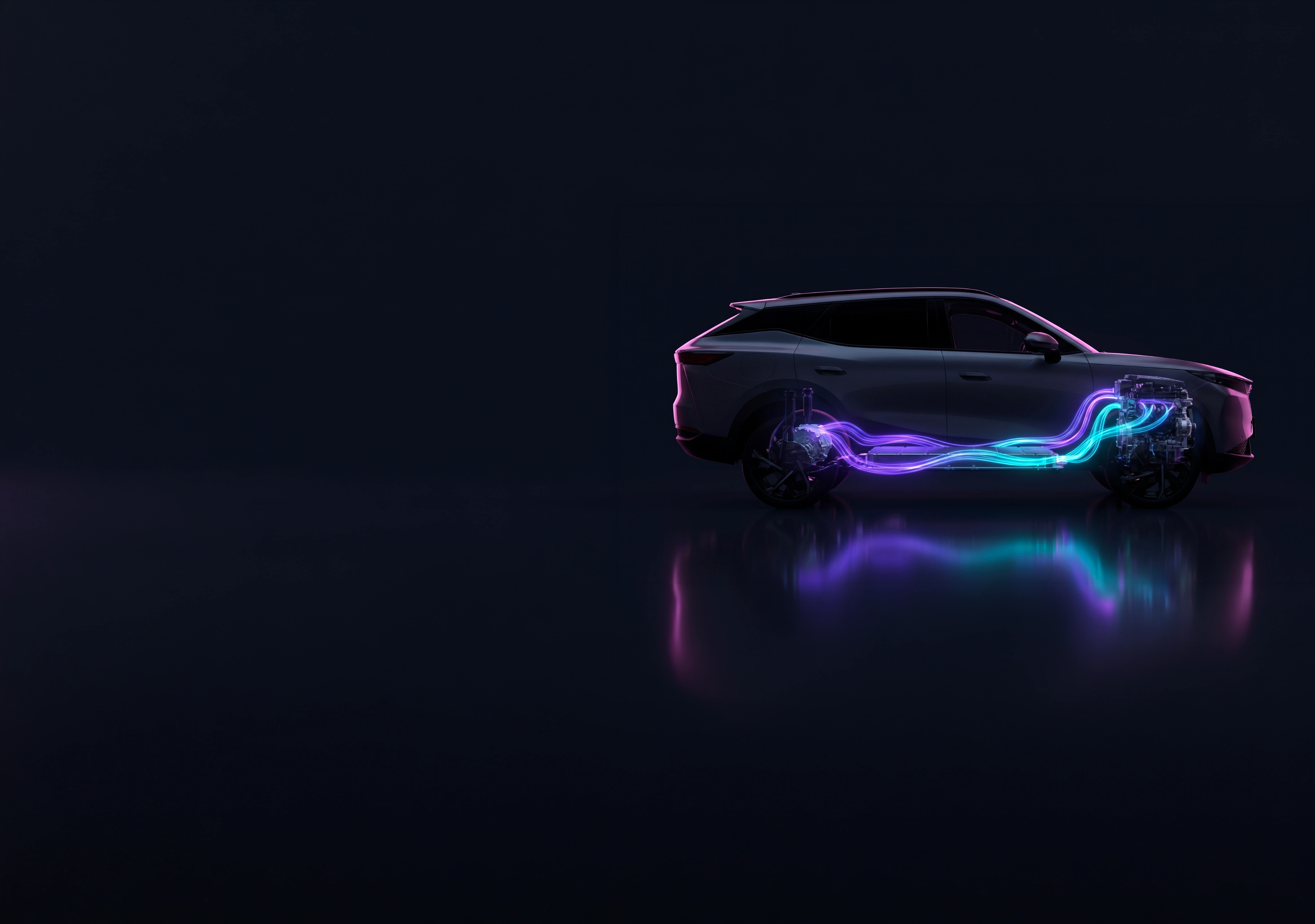 A car with its internal components and energy flow illustrated by glowing purple and turquoise lines.