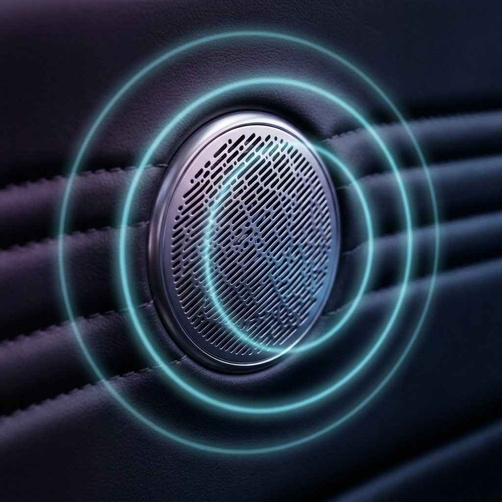 A close-up of a round silver speaker in a car door with glowing blue concentric circles representing sound.