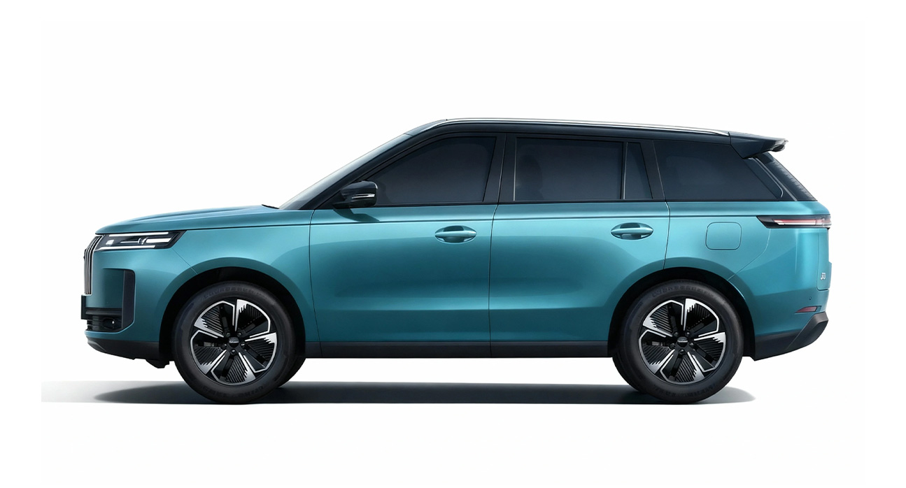 A teal SUV with dark windows, viewed from the side on a white background.