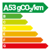 A CO2 emissions rating label showing a rating of A, 53 g CO2/km.
