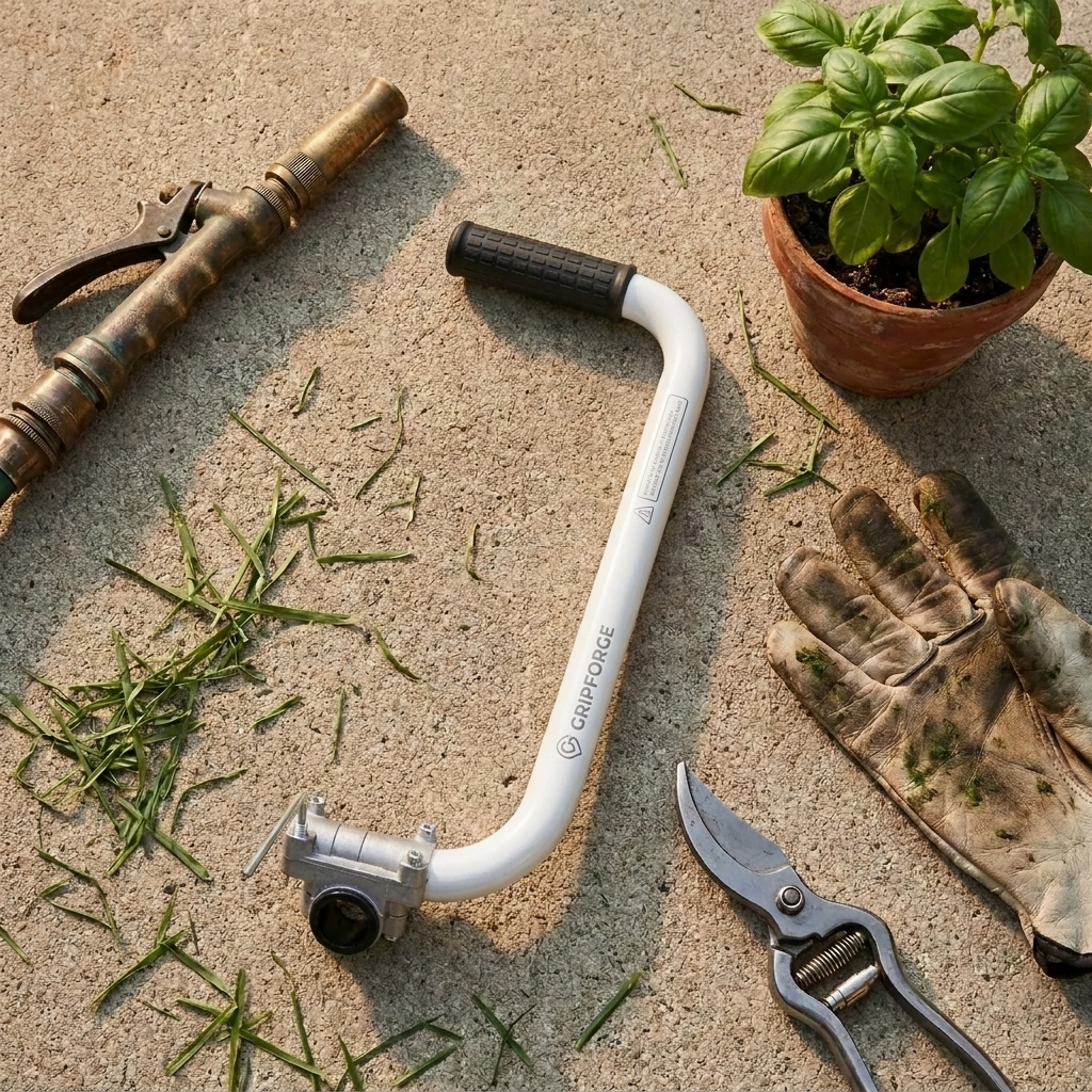 Gardening tools, including a Gripforge tool, hose nozzle, shears, and glove, lie on concrete next to a plant.