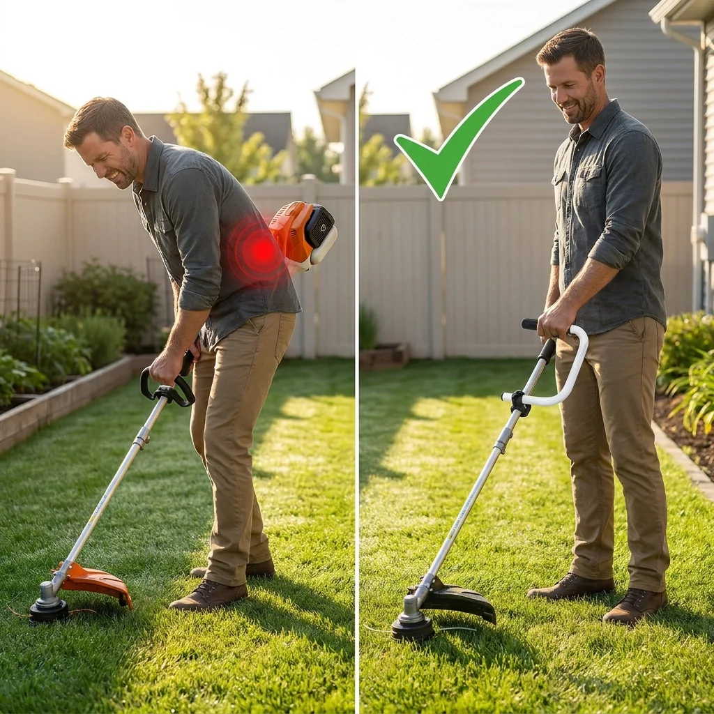 A before-and-after image showing a man using a string trimmer, first with poor posture, then with good posture.