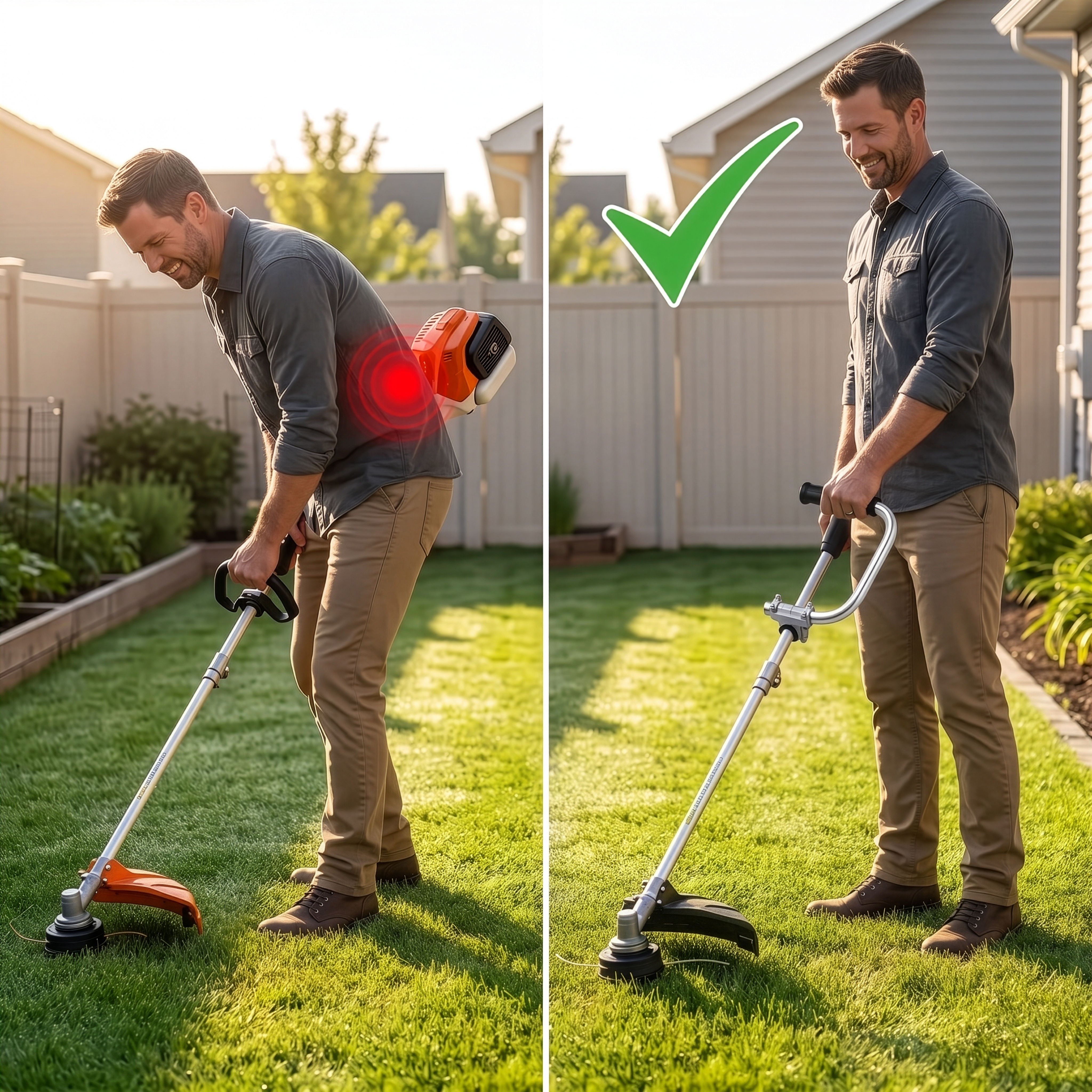 A split image shows a man's posture using a string trimmer, comparing a hunched back to standing upright.