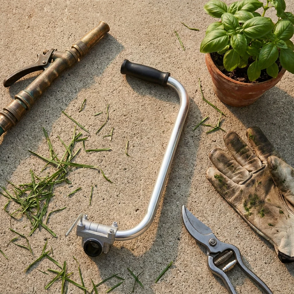 Gardening tools, a potted basil plant, and dirty gloves arranged on a concrete surface with grass clippings.