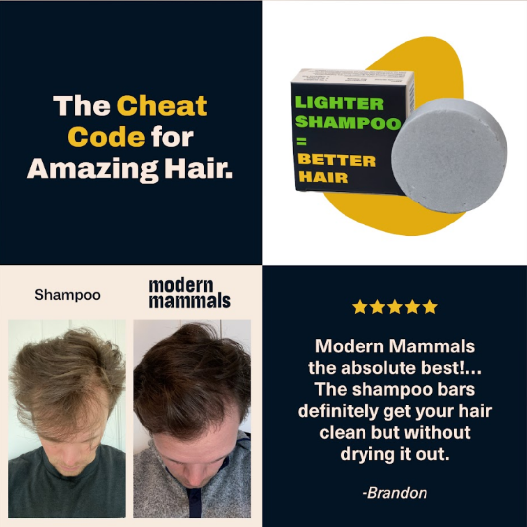 Collage of shampoo product, before-and-after hair photos, and customer review.