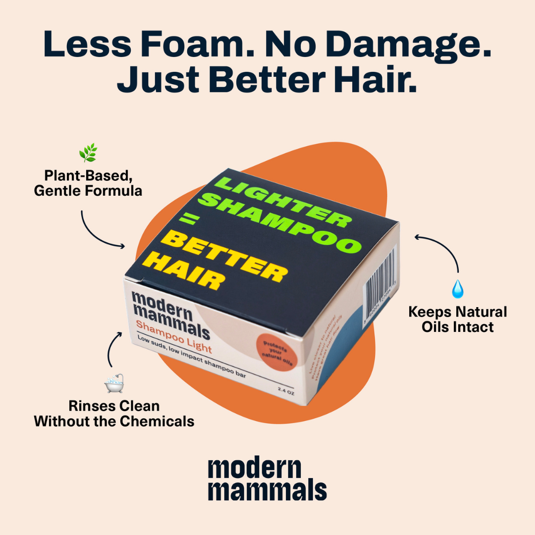 Box of Modern Mammals shampoo with text promoting gentle, plant-based formula.