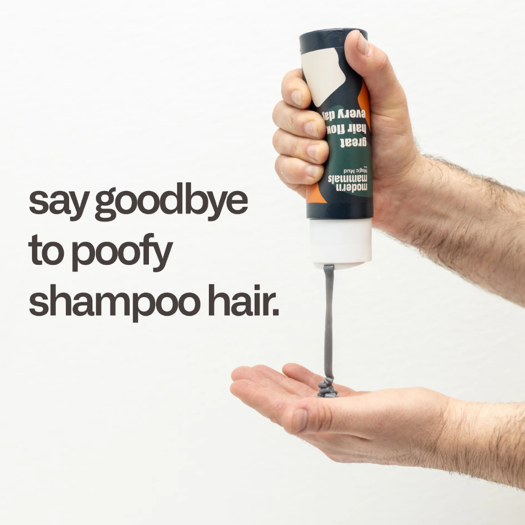 Hands squeezing hair product from a tube with text 'say goodbye to poofy shampoo hair.'